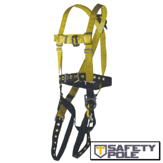 Full body harness, positioning type. D-ring at back and safety belt with side D-rings and tongue-buckle type leg straps.