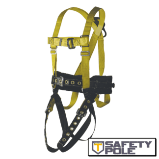 Full body harness, miner's type. D-ring center back and lower lumbar for fall restraint. Includes battery and respirator straps. Tongue-buckle connections.