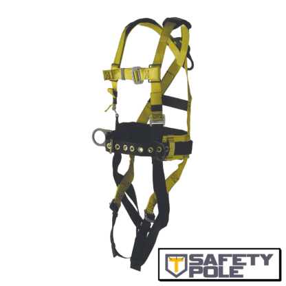 Full body harness, iron worker’s type. Back pad and tool belt. Parachute-buckle type connections.